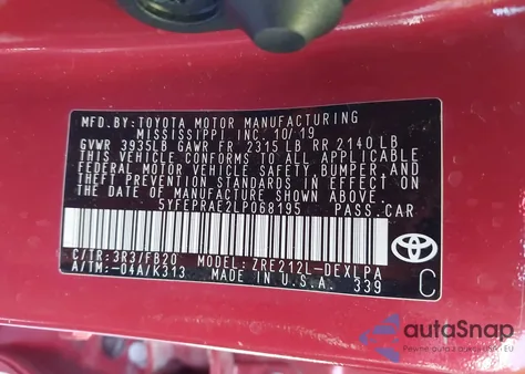 2020 Toyota Corolla Le z USA, uszkodzony, nr VIN 5YFEPRAE2LP068195